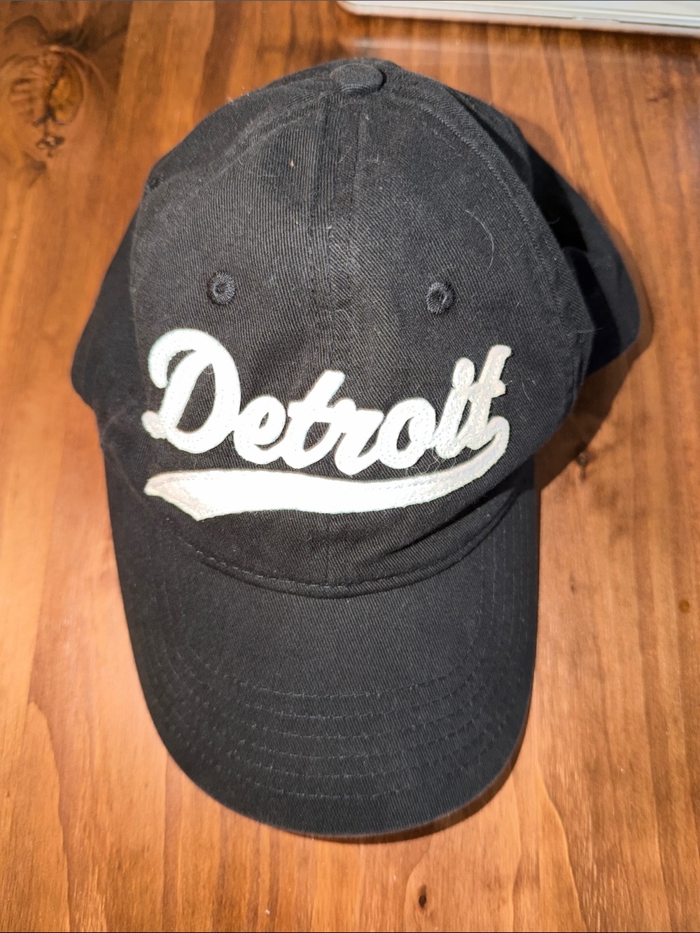 Black Detroit Script Baseball Cap with White Embroidery